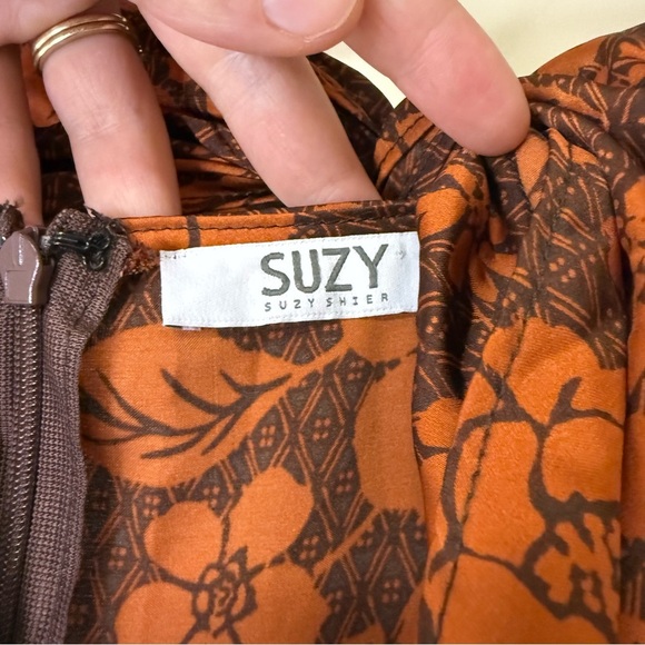 Suzy Shier Orange and Brown Elegant Floral Romper | One-piece Silk Jumpsuit - Picture 8 of 9